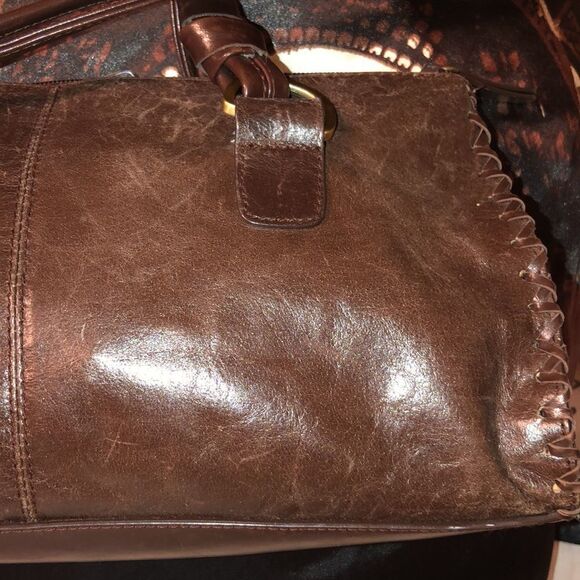 Worthington Chocolate Brown Genuine Leather Satchel Sewn Edges Twisted Handles - Picture 10 of 16